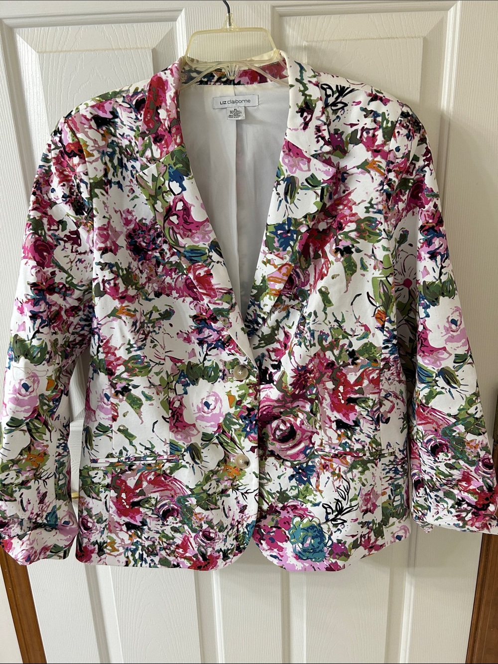 Liz Claiborne White Floral Blazer with Pink and Green Accents